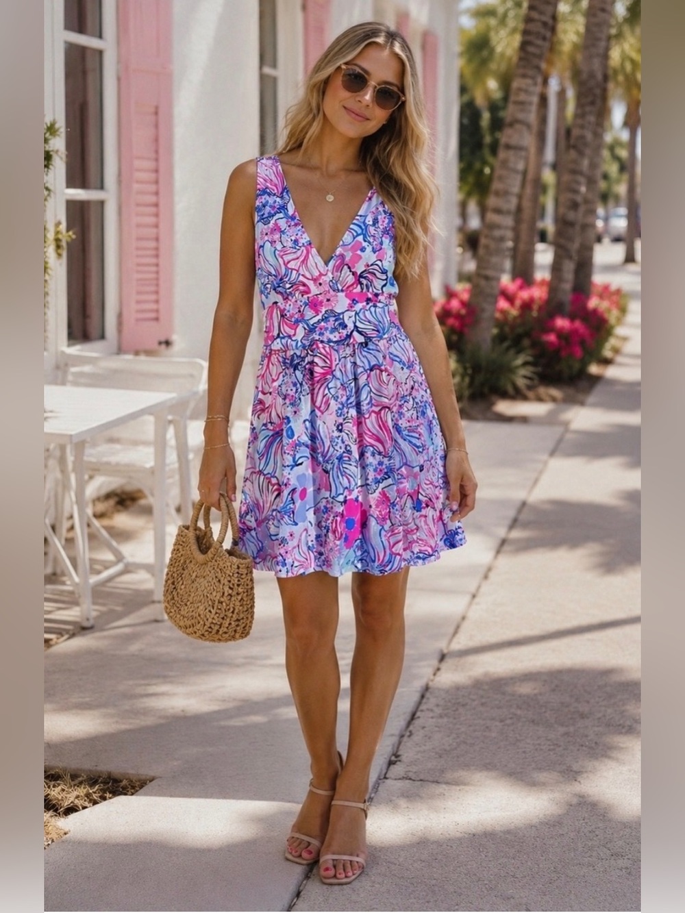 Lilly Pulitzer Pink & Blue Printed V-Neck Mini Dress